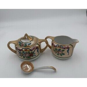 Vintage Noritake Gold China With Flowers Sugar Bowl & Creamer Gold And spoon